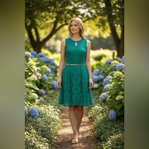 Vibrant Teal Lace Fit & Flare Dress with Keyhole Detail - 39” Length, 20” Bust